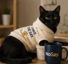 A black cat in a cream I Have the Say hoodie beside a NoSay mug.