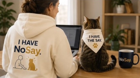 A woman in a cream I Have NoSay hoodie works at her desk beside a tabby cat wearing an I Have the Say bandana.