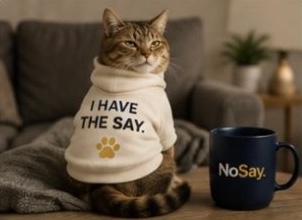 Cat in a cream I Have the Say hoodie beside a navy NoSay mug