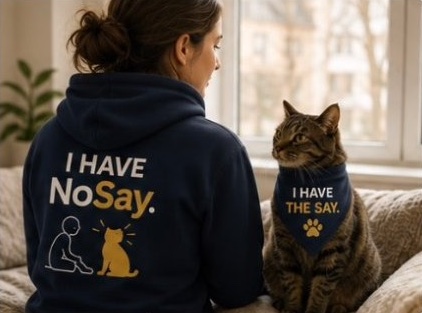 A woman in a navy I Have NoSay hoodie relaxes beside a tabby cat in an I Have the Say bandana.