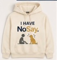 Cream pullover hoodie printed I Have NoSay with a seated person and dog.