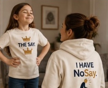 A girl in a crowned The Say tee stands proudly beside her mother in an I Have NoSay hoodie.