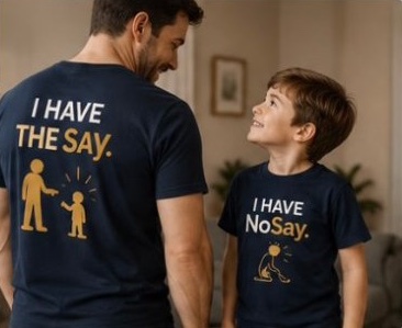 A father in an I Have the Say tee smiles at his son in an I Have NoSay tee.