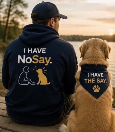 A man in a navy I Have NoSay hoodie sits on a dock at sunset beside his golden retriever, who wears an I Have the Say bandana.