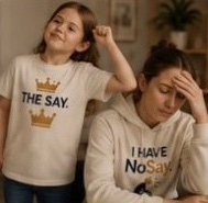 A girl in a The Say tee celebrates while her mother in a NoSay hoodie laughs into her hand.