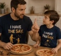 A father in an I Have the Say tee and his son in an I Have NoSay tee debate over pizza.