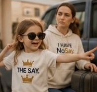 A girl in sunglasses and a The Say tee points the way as her mother in a NoSay hoodie follows.